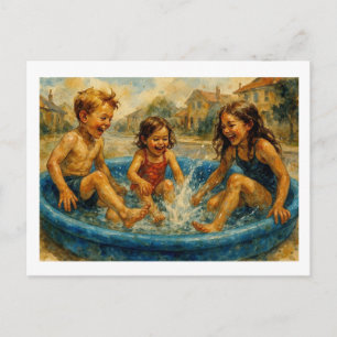 Postal Niños jugando en una piscina,