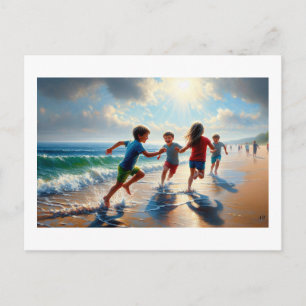 Postal Niños jugando en una playa soleada,