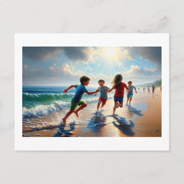 Postal Niños jugando en una playa soleada,  (Anverso)