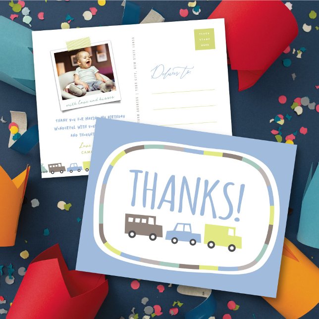 Postal Niños Juguetes Pastel Blue Kid Fiesta de Cumpleaño (Boys Toys Pastel Blue Cute Transport Kid's Birthday Party Thank You Postcard by fatfatin @ Zazzle)