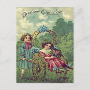 Postal Niños Lindos Carro Rosas Nomeolvides