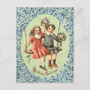Postal Niños Lindos Columpio Ramo Flores