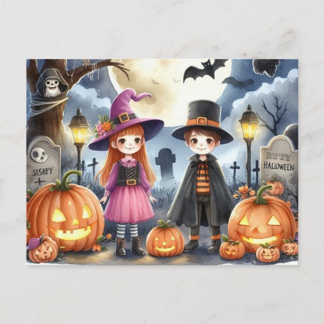 Postal Niños lindos de Halloween en acuarela (Anverso)