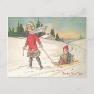Postal Niños Lindos En Trineo De nieve