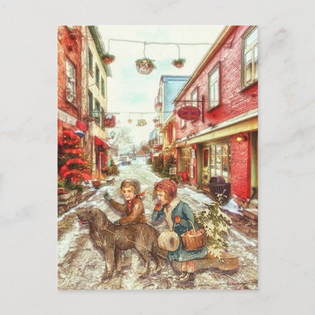 Postal Niños Navidades franceses de época en la ciudad (Anverso)