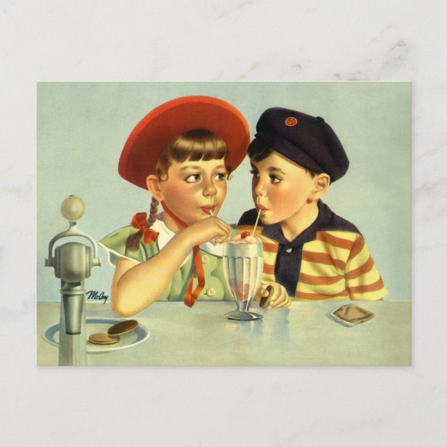 Postal Niños, niños y Chicas de la época compartiendo un  (Anverso)