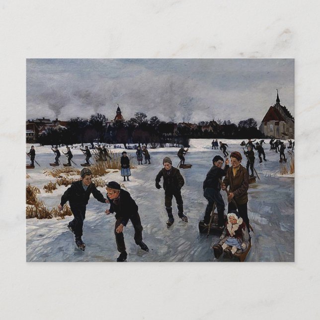 Postal "Niños patinando fuera de Faaborg," arte fino (Anverso)