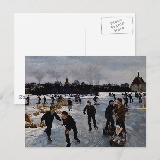 Postal "Niños patinando fuera de Faaborg," arte fino (Anverso / Reverso)