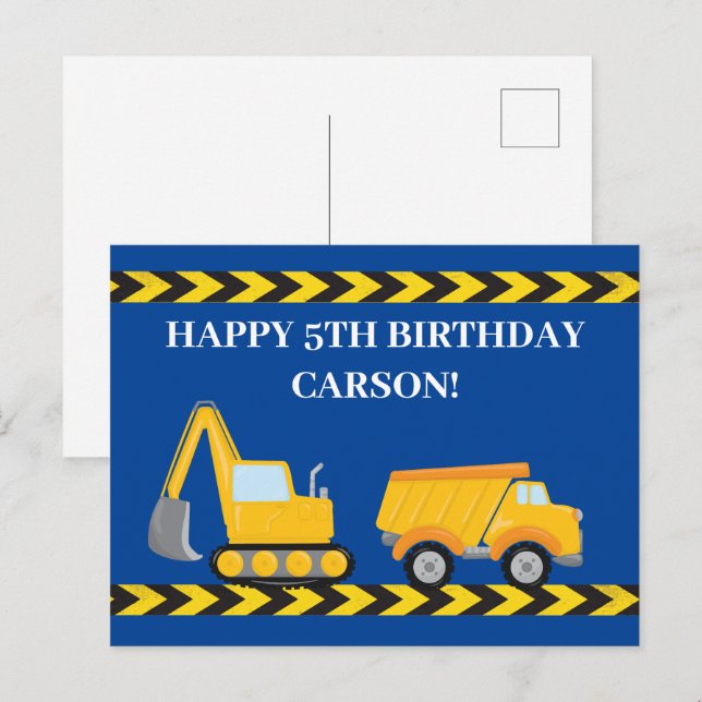 Postal Niños personalizados Construcción Camión Azul Feli (Anverso / Reverso)