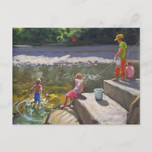 Postal Niños pescando Looe Cornwall 2014 (Anverso)