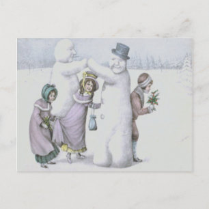 Postal Niños Snowman jugando campo de nieve