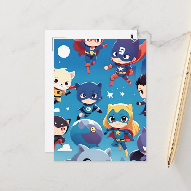 Postal Niños superhéroes volando alto (Anverso/Reverso In Situ)