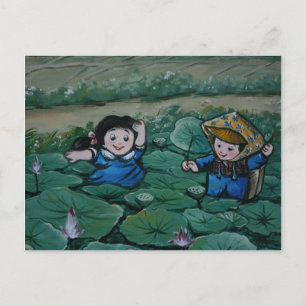 Postal Niños taiwaneses en estanque de lirios