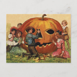 Postal Niños Tallando Calabaza de Jack O Lantern
