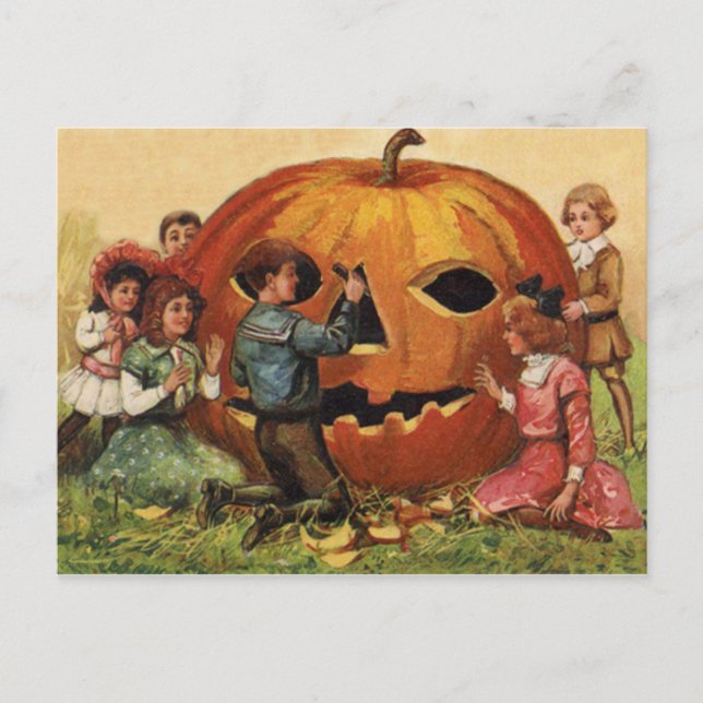 Postal Niños Tallando Calabaza de Jack O Lantern (Anverso)