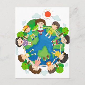 Postal Niños tomándose de la mano alrededor de la tierra
