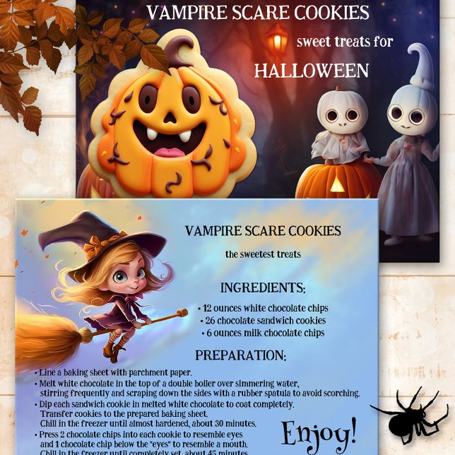 Postal Niños tratan la receta de galletas de Halloween (Recipe postcard featuring a spooky scene with a sweet cookie. Add your own recipe on the back)