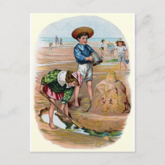 Postal Niños victorianos construyen un castillo de arena