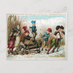 Postal Niños Victorianos Llevando a Casa el Tronco de Nav