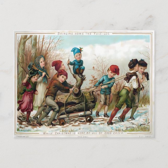 Postal Niños Victorianos Llevando a Casa el Tronco de Nav (Anverso)