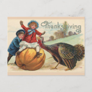 Postal Niños vintage de Acción de Gracias con calabaza, T