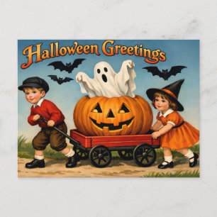 Postal Niños vintage de Halloween, fantasma, calabaza