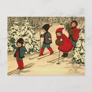 Postal Niños vintage patinando a través de un bosque neva