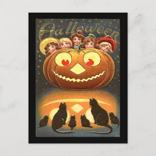 Postal Niños y gatos de Halloween de época