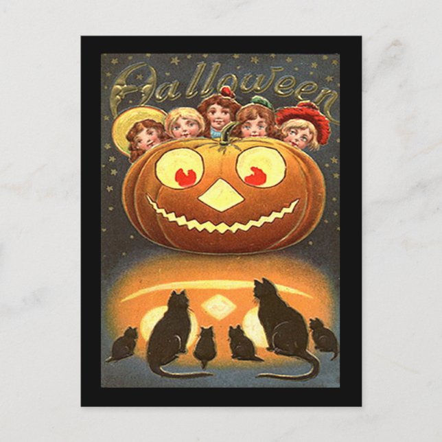 Postal Niños y gatos de Halloween de época (Anverso)