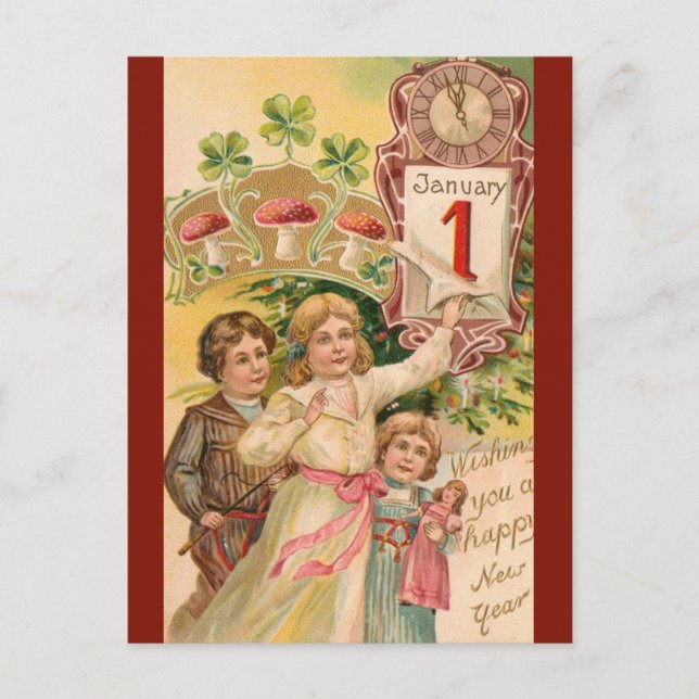 Postal Niños y taburetes de época feliz Año Nuevo (Anverso)