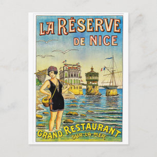 Postal Niza, Francia, mujer en traje de baño en la playa