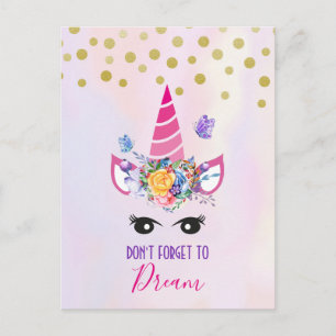 Postal No olvide soñar unicornio rosado y confeti