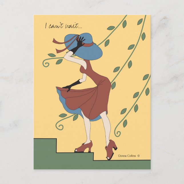 Postal No puedo esperar para verte chica con vestido de r (Anverso)