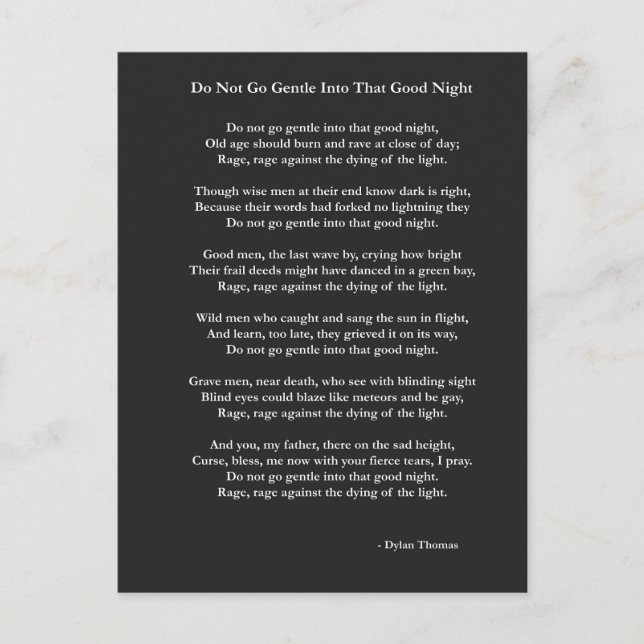 Postal No se vayan suaves poemas de Dylan Thomas (Anverso)