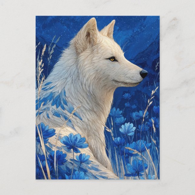 Postal Noble Lobo Blanco en Jardín Azul Cobalto (Anverso)
