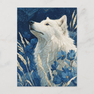Postal Noble Lobo Blanco en Jardín Azul de Medianoche