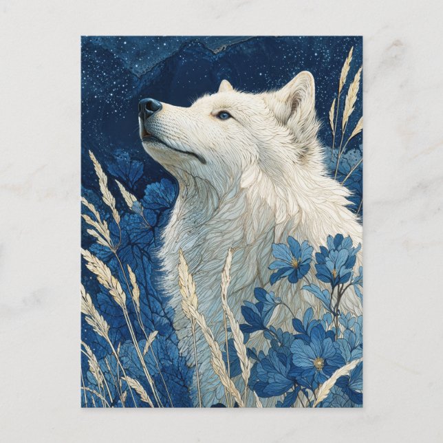 Postal Noble Lobo Blanco en Jardín Azul de Medianoche (Anverso)