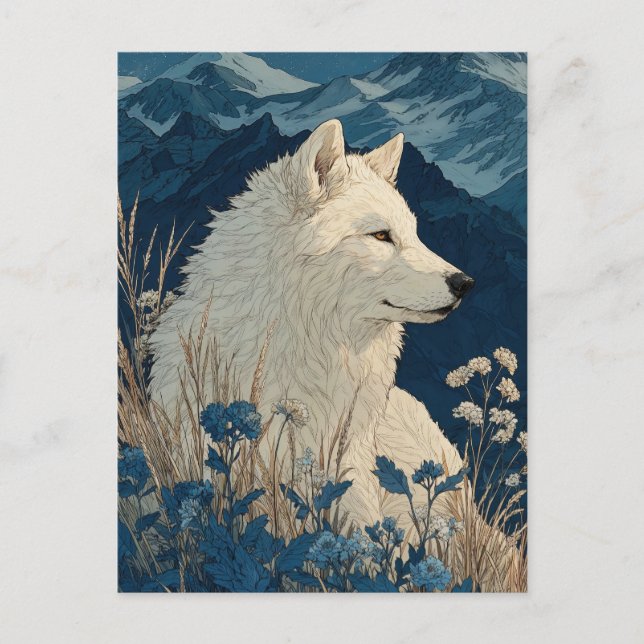 Postal Noble White Wolf in Midnight Mountain Range (Anverso)