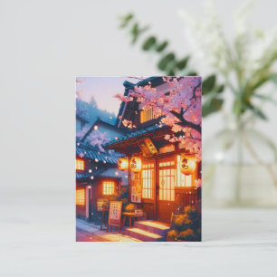 Postal Noche de Flor de Cerezo en el Antiguo Japón