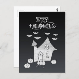 Postal Noche de Halloween con casa embrujada, murciélagos