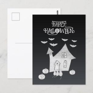 Postal Noche de Halloween con casa embrujada, murciélagos