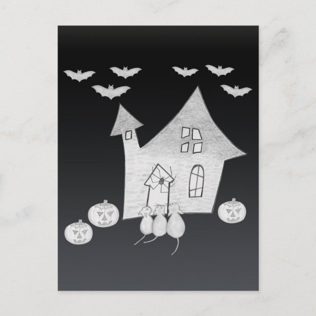 Postal Noche de Halloween con casa embrujada, murciélagos (Anverso)