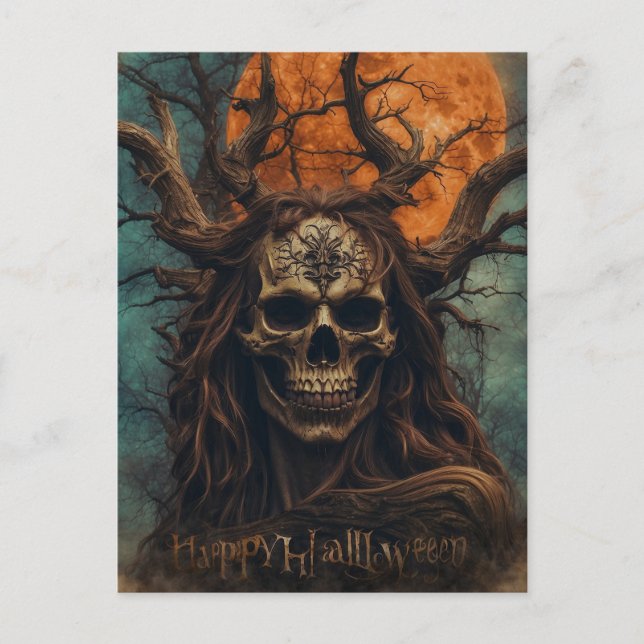 Postal Noche de Halloween con miedo con bruja (Anverso)