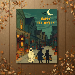 Postal Noche de Halloween vintage de truco o trato