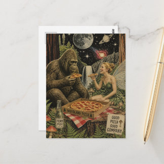 Postal Noche de pizza surrealista con Sasquatch y la hada