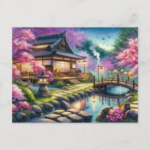 Postal Noche de primavera tranquila en un jardín japonés