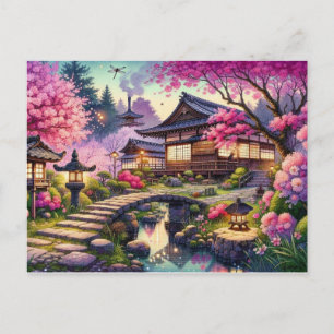 Postal Noche de primavera tranquila en un jardín japonés