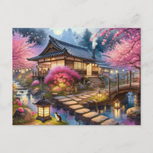 Postal Noche de primavera tranquila en un jardín japonés