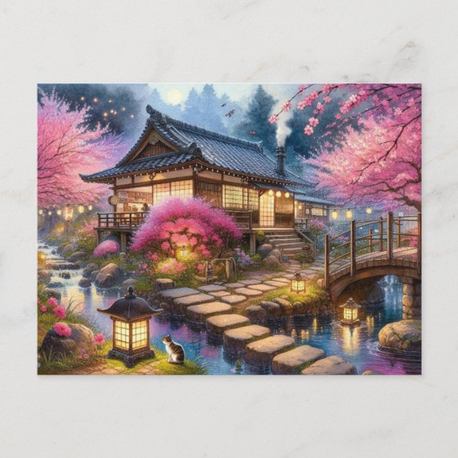 Postal Noche de primavera tranquila en un jardín japonés (Anverso)