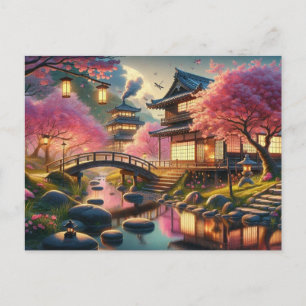 Postal Noche de primavera tranquila en un jardín japonés